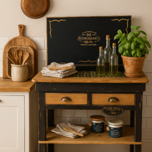 Mueble auxiliar de cocina restaurado, macizo en madera de pino, con tapa abatible y dos cajones. Pintado en gris antracita con detalles en amarillo ocre. Pieza única de Lorestaura, ideal para cocinas, comedores o restaurantes.