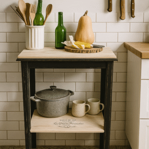 Mesa auxiliar vintage restaurada en negro y madera natural