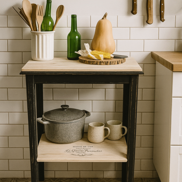 Mesa auxiliar vintage restaurada en negro y madera natural